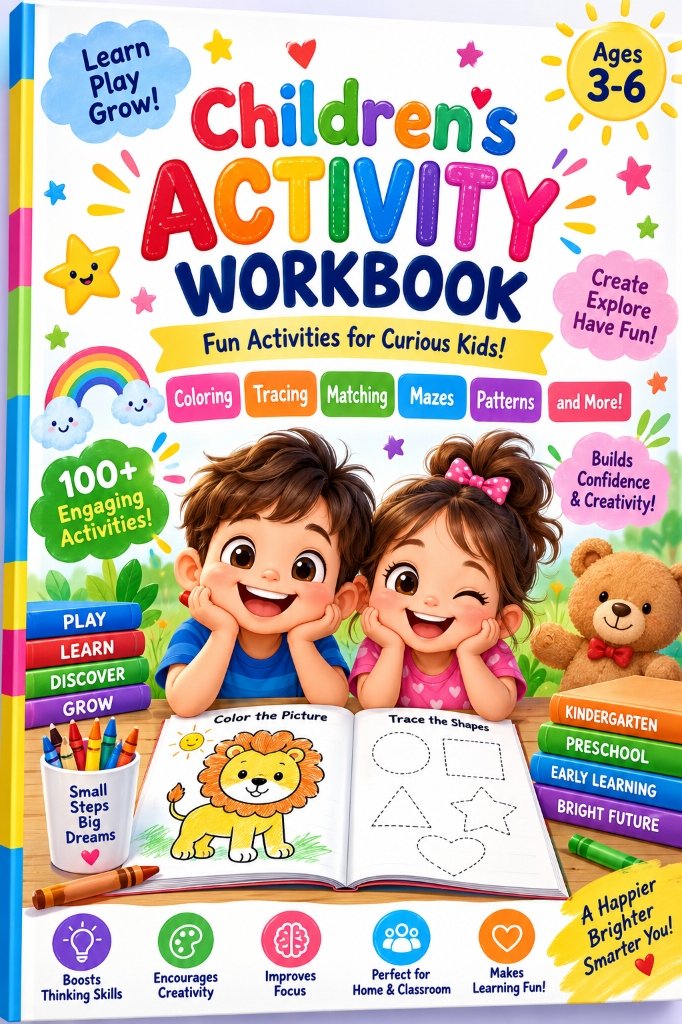 Children's Activity Workbook 3D Cover Mockup