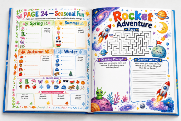 Open workbook spread showcasing Seasonal Fun and Rocket Adventure Maze